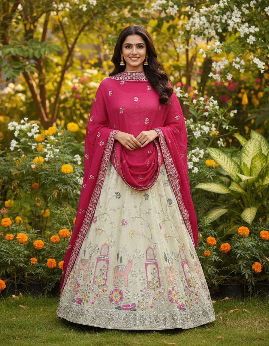 Cream Pure Cosmos Silk Rajsthani Traditional Lehenga Choli