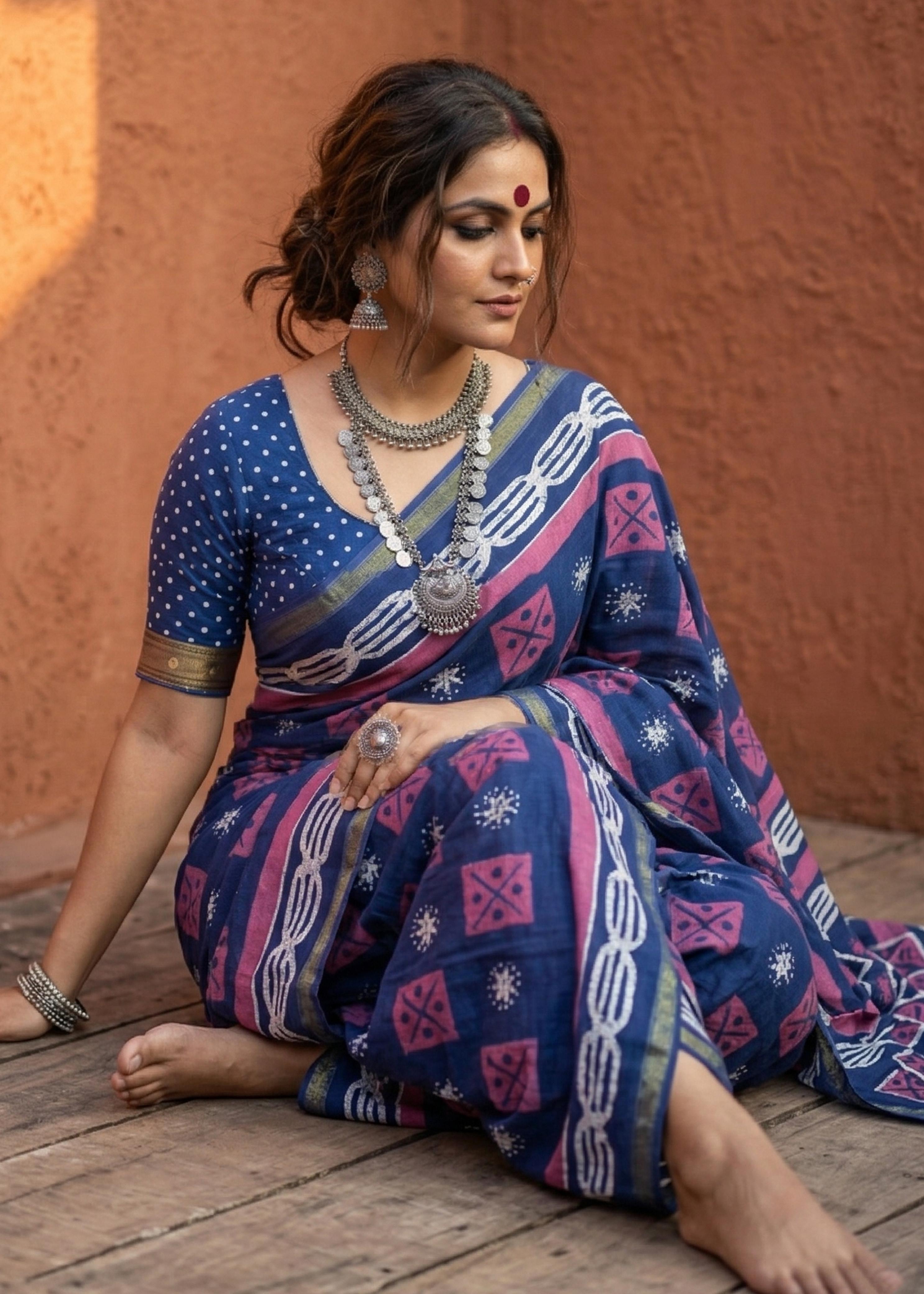 Blue Pure Muslin Cotton Bagru Block Print Cotton Saree