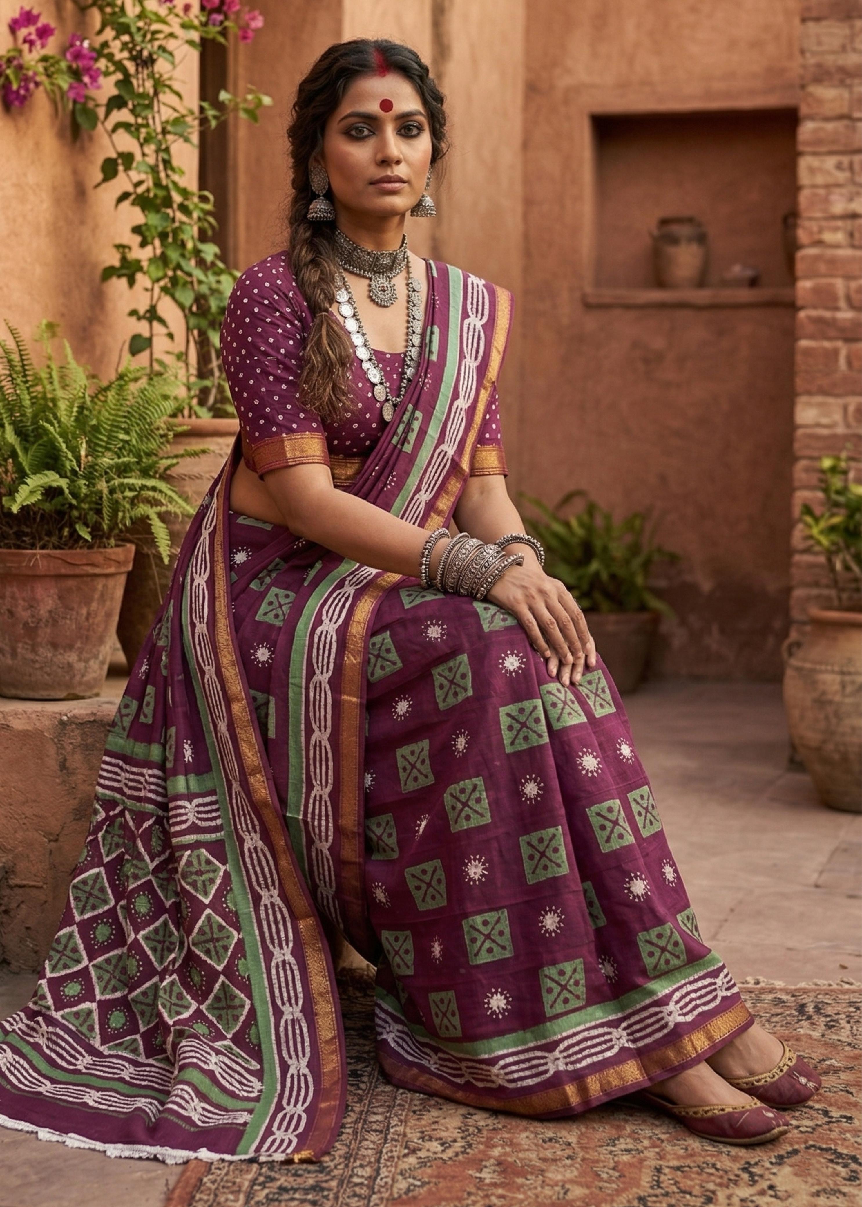 Maroon Pure Muslin Cotton Bagru Block Print Cotton Saree