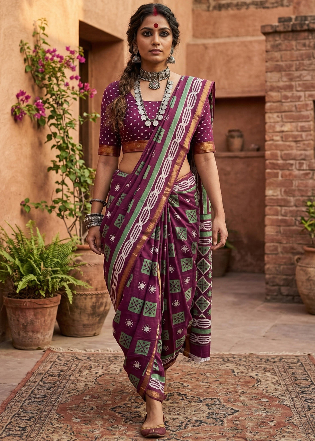 Maroon Pure Muslin Cotton Bagru Block Print Cotton Saree