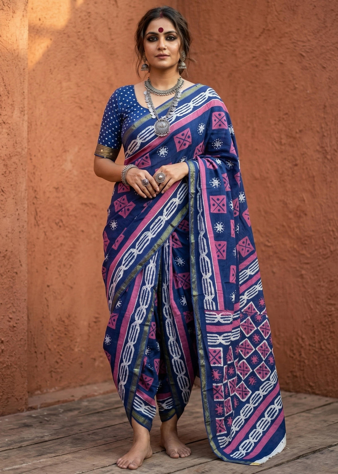 Blue Pure Muslin Cotton Bagru Block Print Cotton Saree