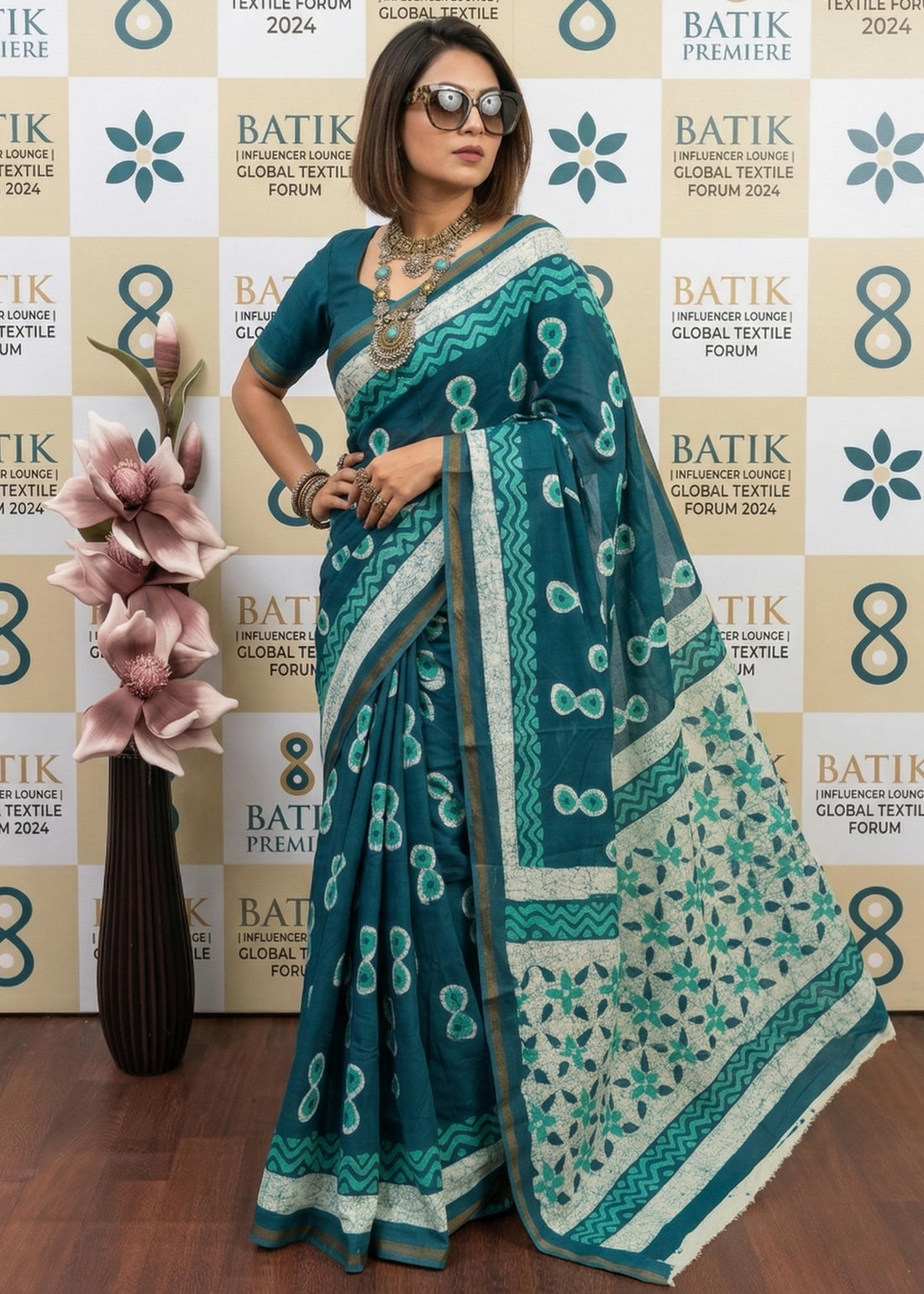 Green Pure Muslin Cotton Bagru Block Print Cotton Saree 