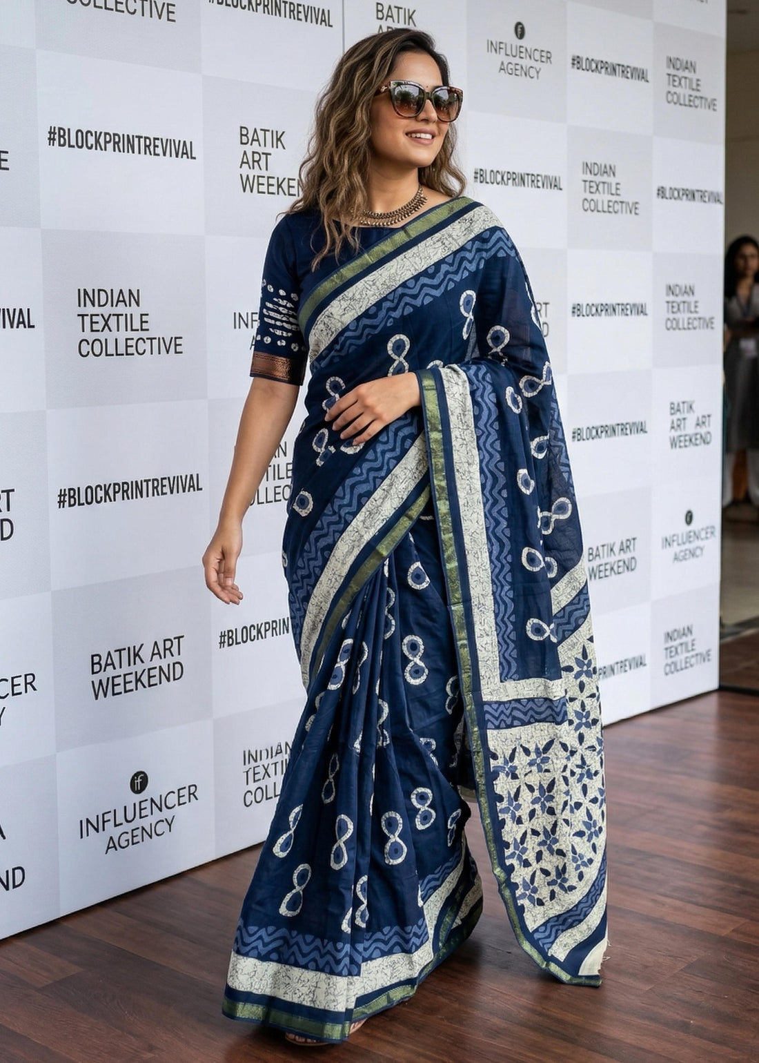 Blue Pure Muslin Cotton Bagru Block Print Cotton Saree