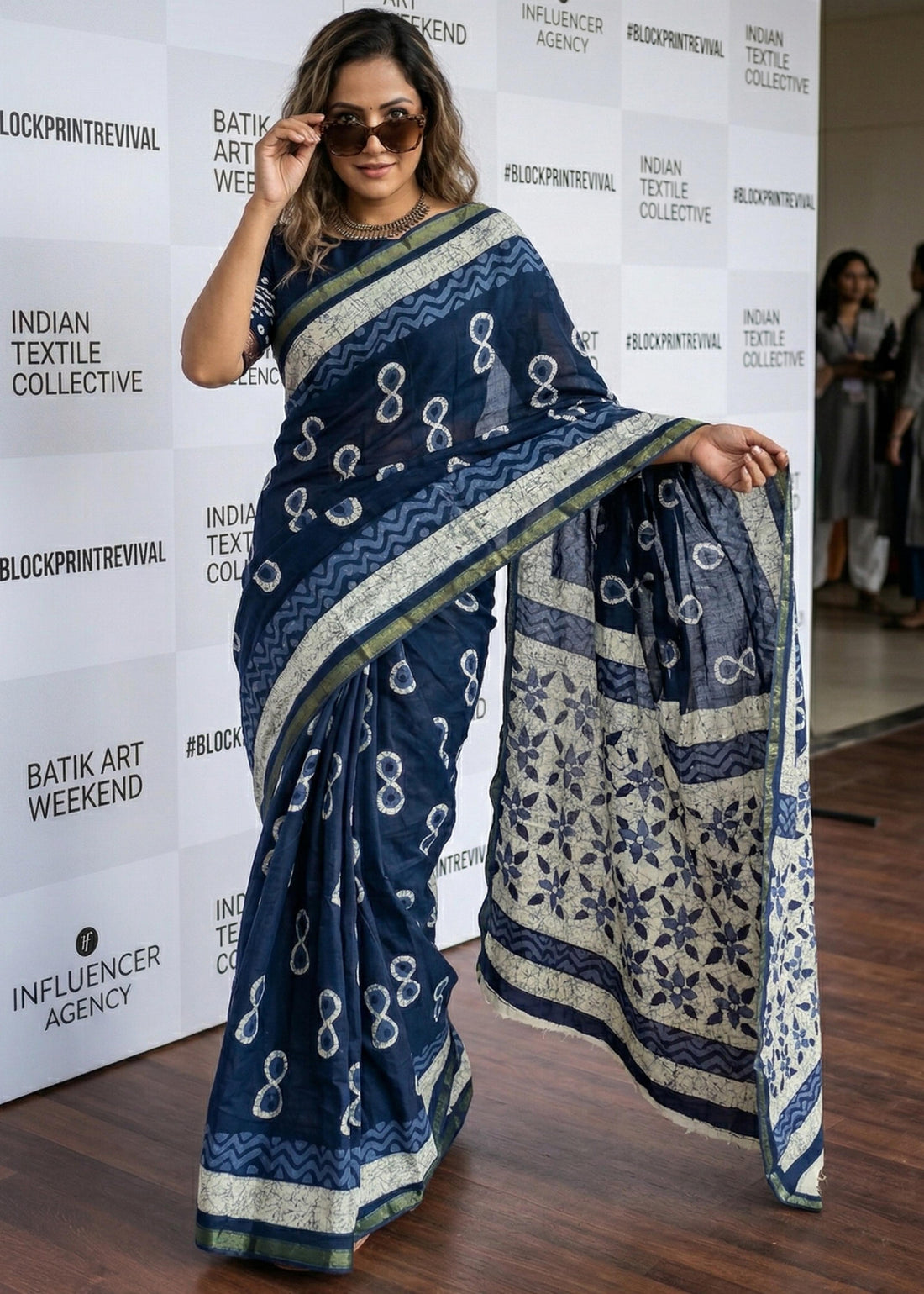 Blue Pure Muslin Cotton Bagru Block Print Cotton Saree