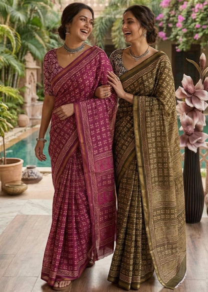 Red Pure Muslin Cotton Bagru Block Print Cotton Saree