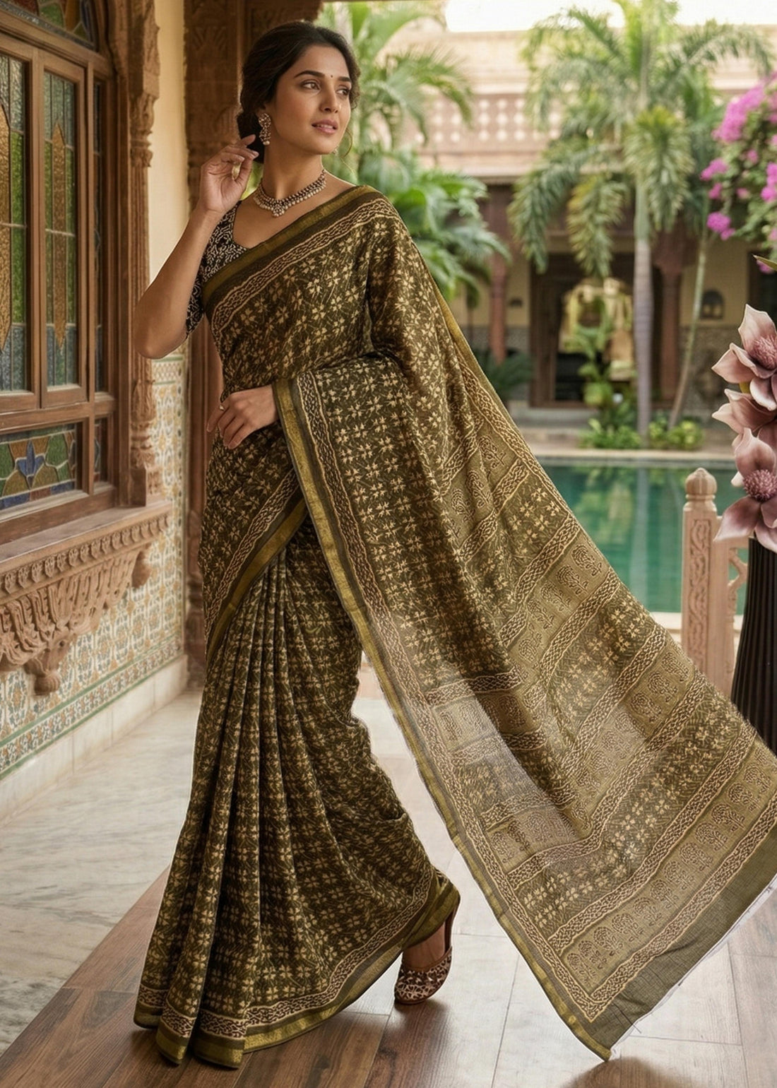 Mahendi Pure Muslin Cotton Bagru Block Print Cotton Saree