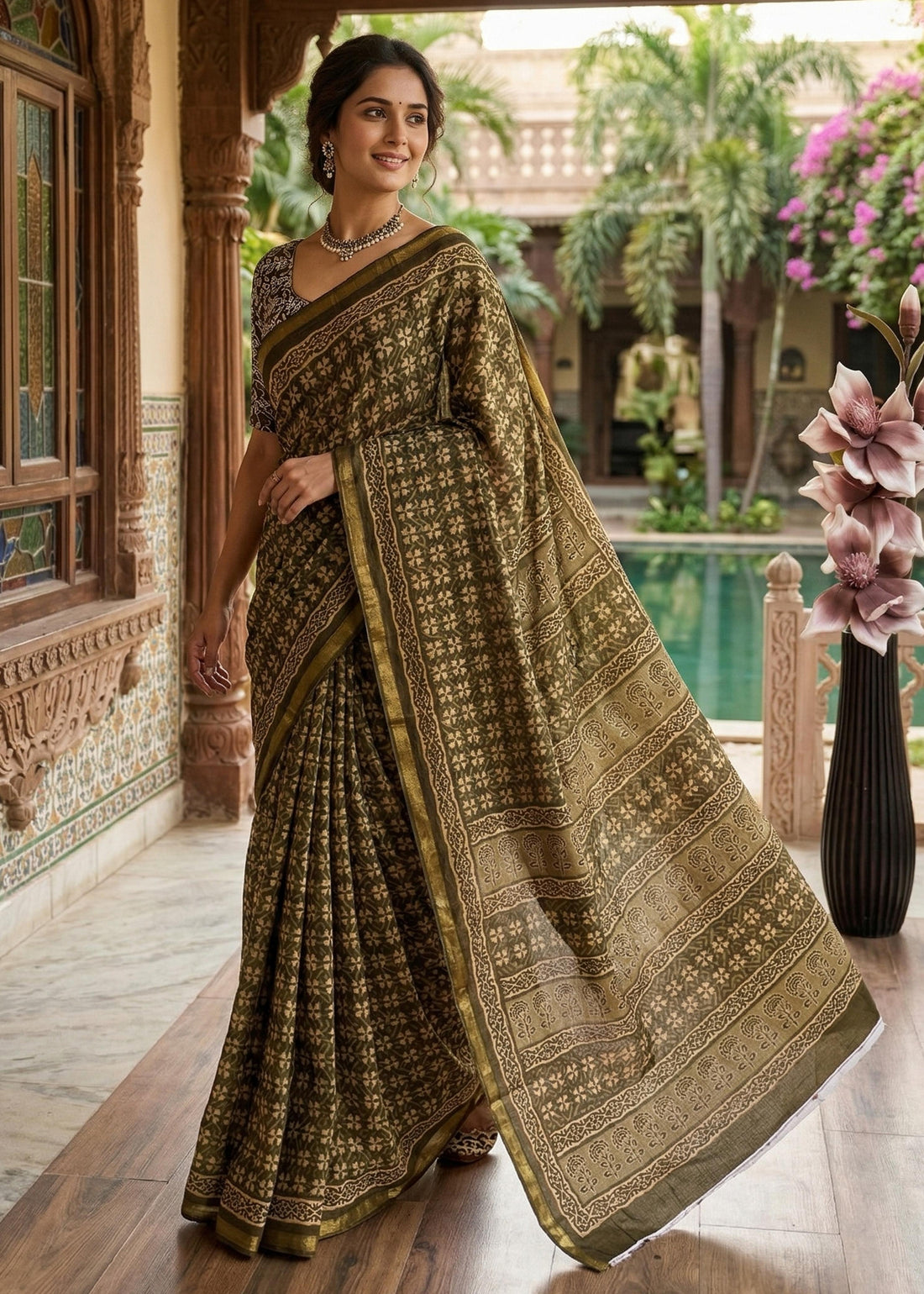 Mahendi Pure Muslin Cotton Bagru Block Print Cotton Saree