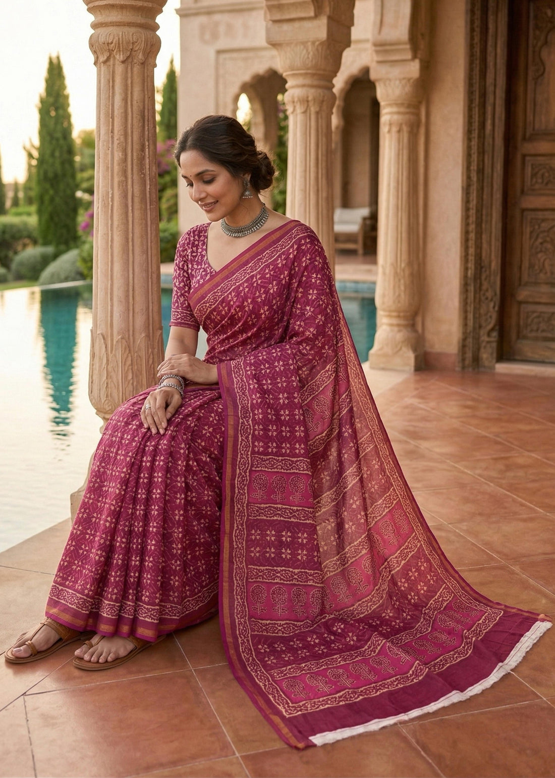 Red Pure Muslin Cotton Bagru Block Print Cotton Saree