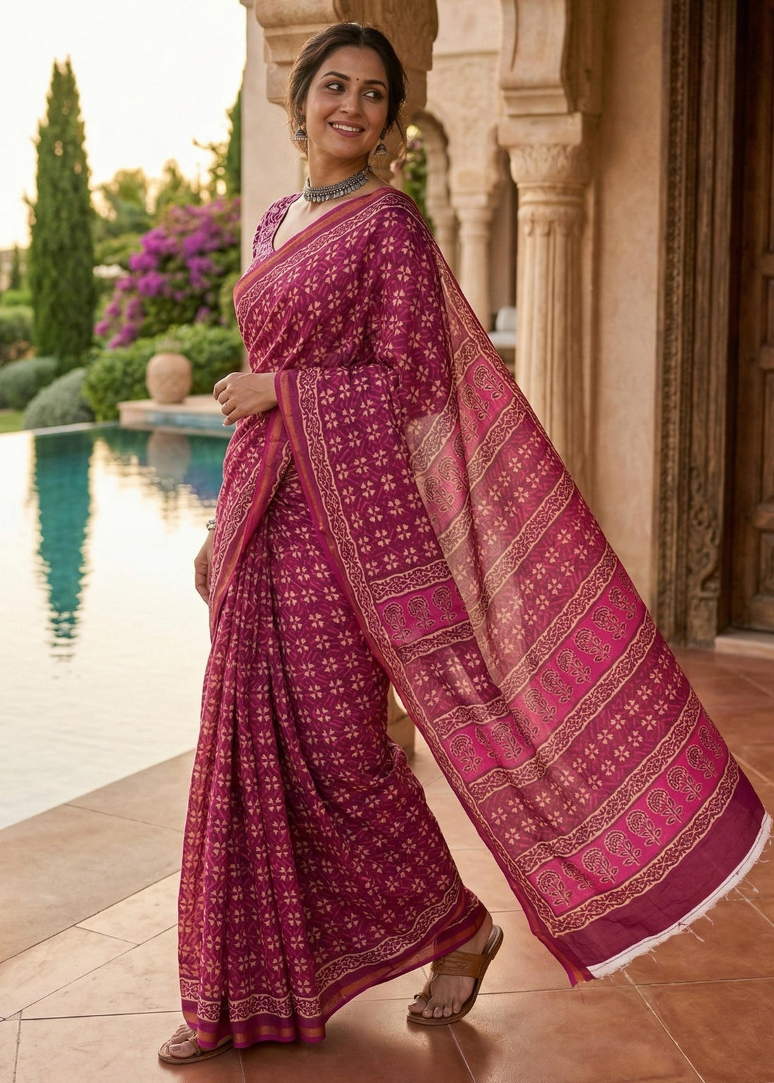 Red Pure Muslin Cotton Bagru Block Print Cotton Saree