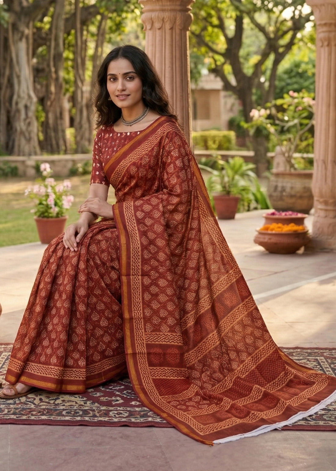 Red Pure Muslin Cotton Bagru Block Print Cotton Saree