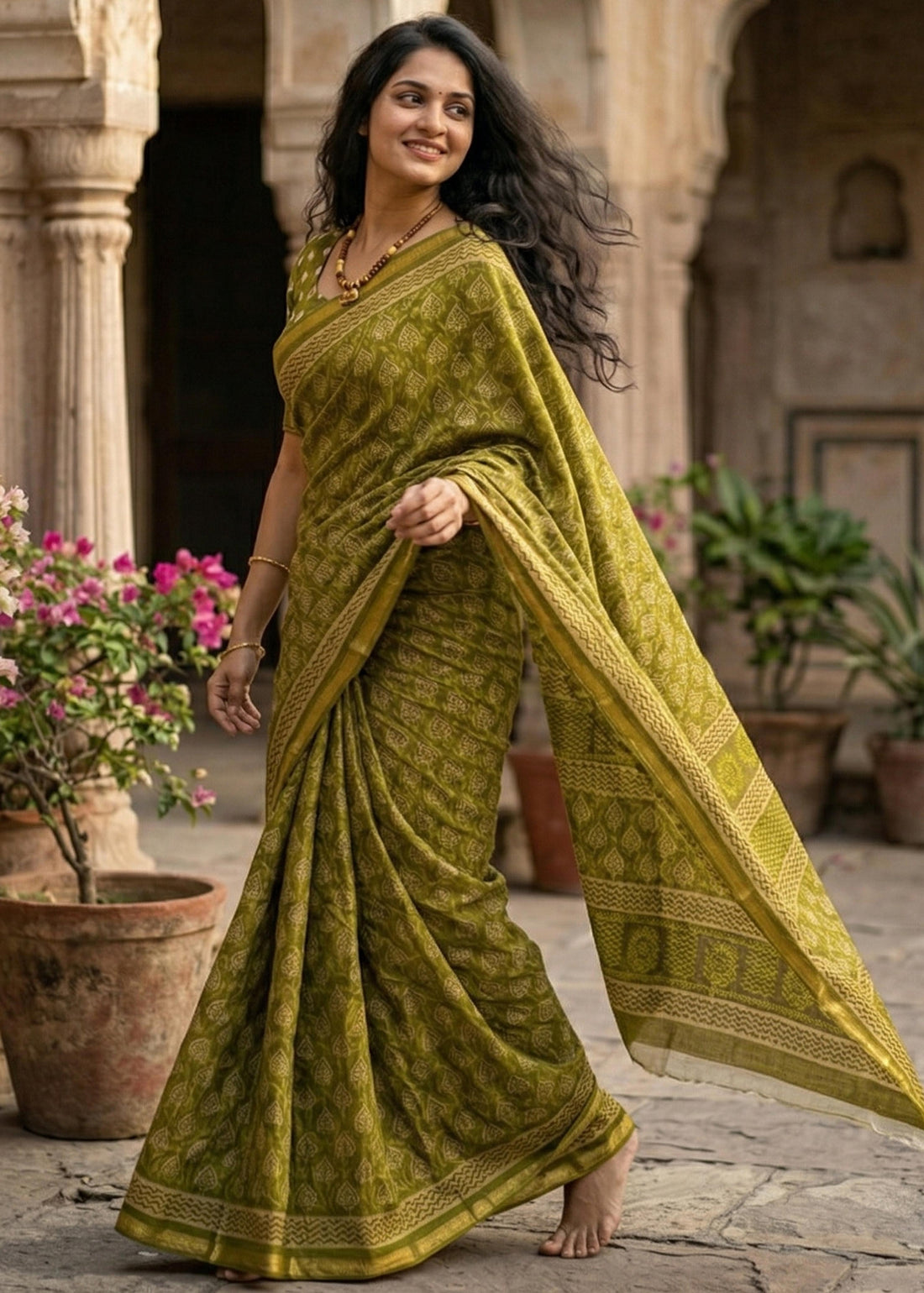 Mahendi Pure Muslin Cotton Bagru Block Print Cotton Saree 