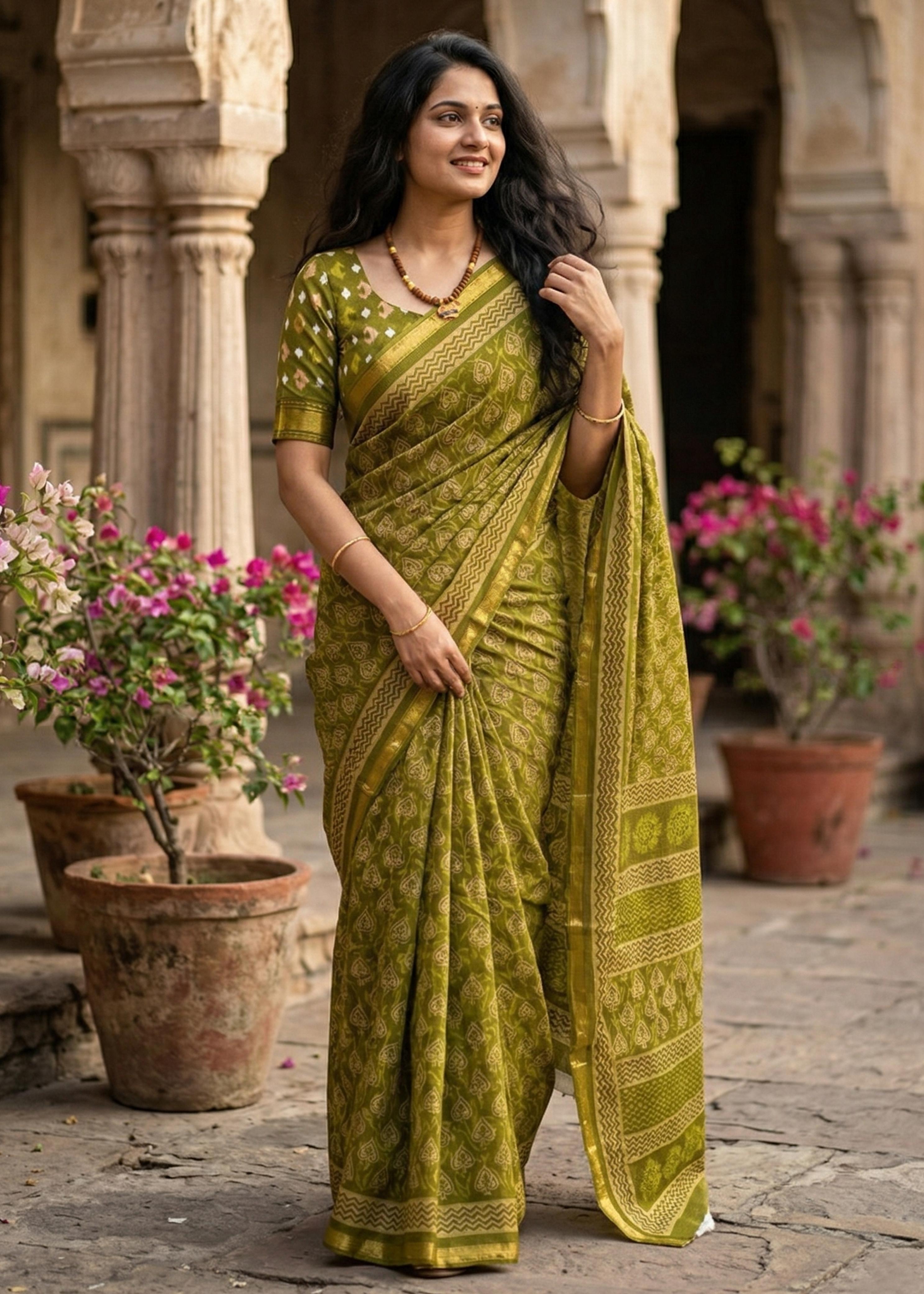 Mahendi Pure Muslin Cotton Bagru Block Print Cotton Saree