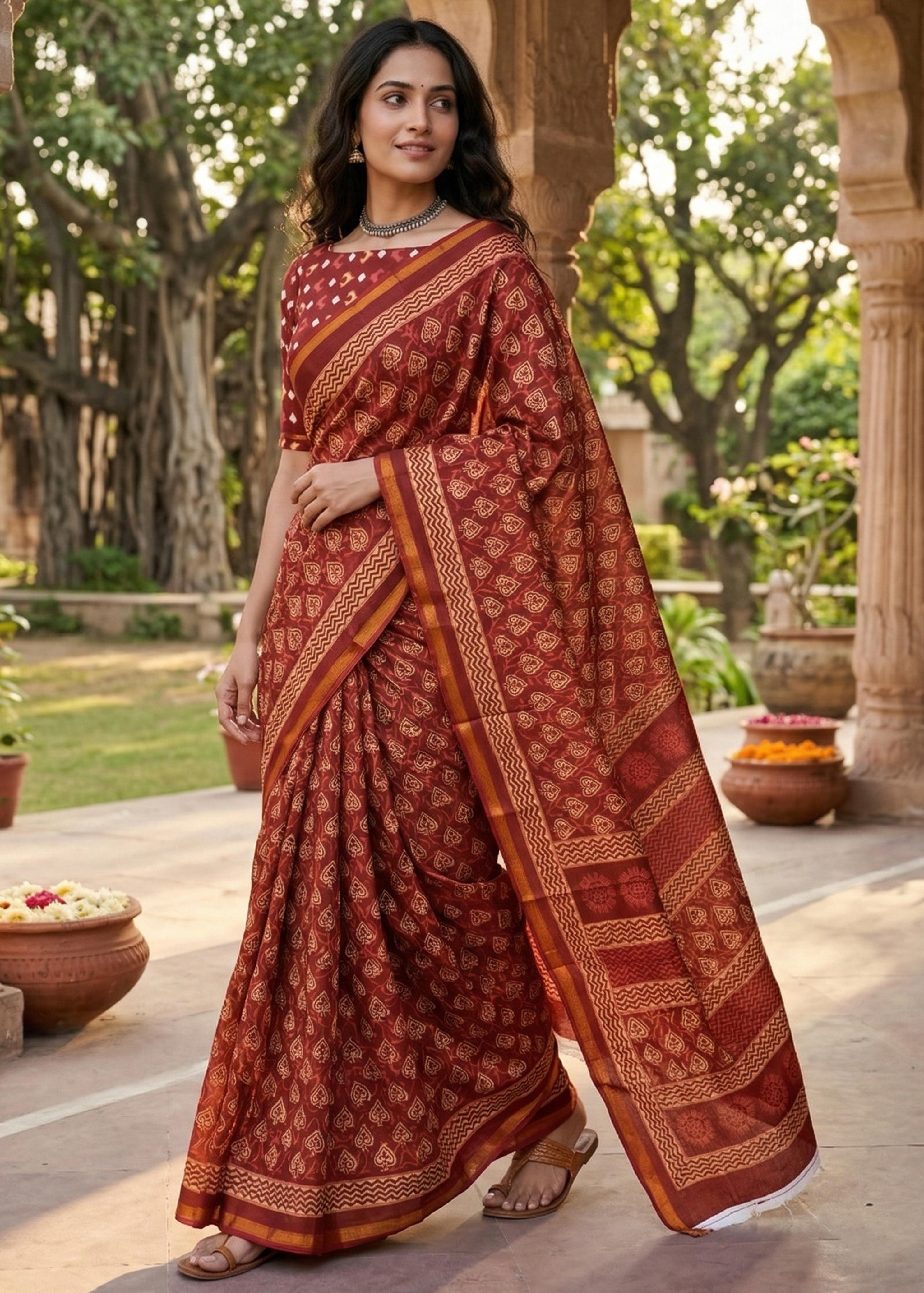 Red Pure Muslin Cotton Bagru Block Print Cotton Saree