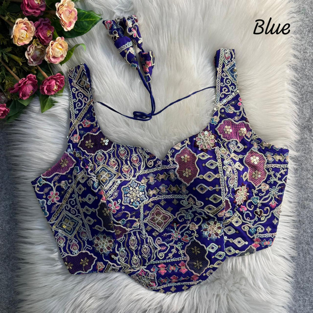 Blue Pure Soft Italian Silk Fox Heavy Sequins Thred Work Blouse 