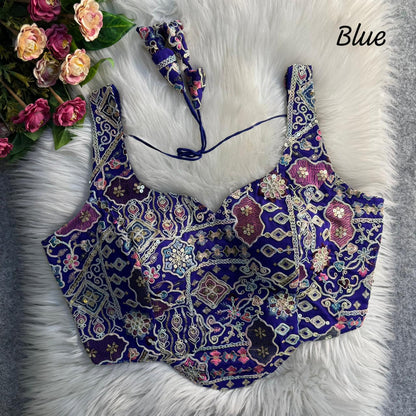 Blue Pure Soft Italian Silk Fox Heavy Sequins Thred Work Blouse 