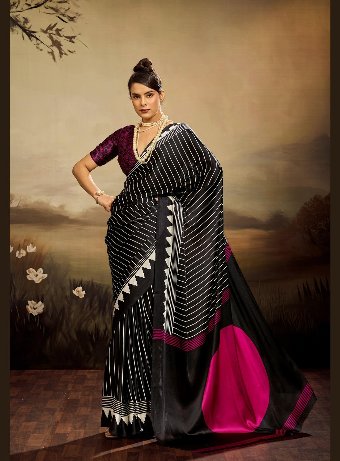Black Pure Modal Satin Ajrakh Print Satin Saree