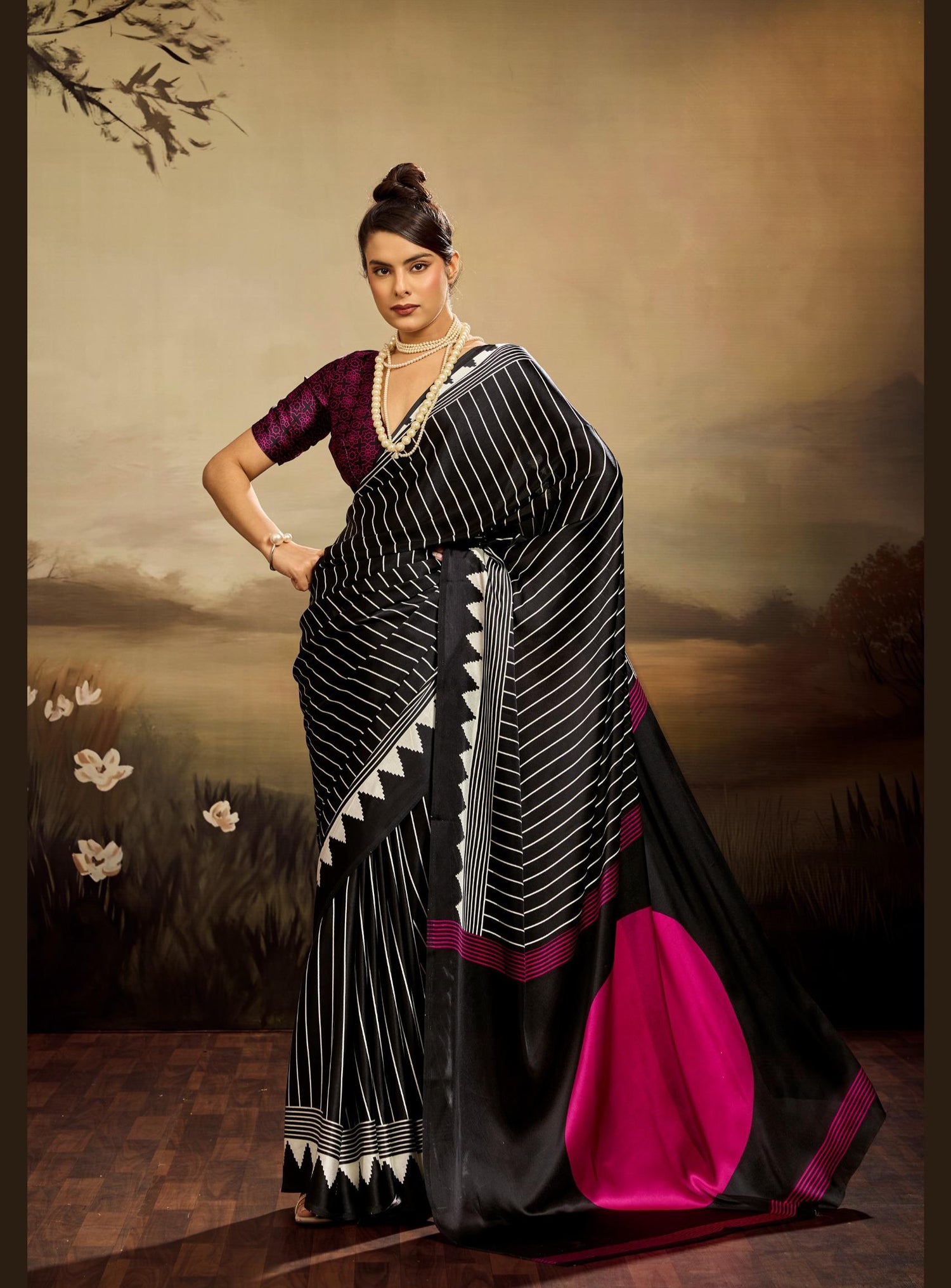 Black Pure Modal Satin Ajrakh Print Satin Saree
