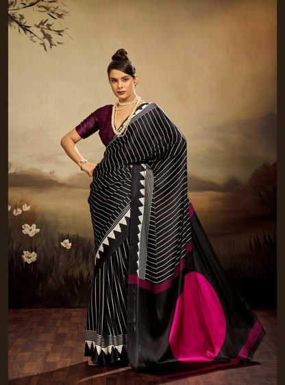 Black Pure Modal Satin Ajrakh Print Satin Saree