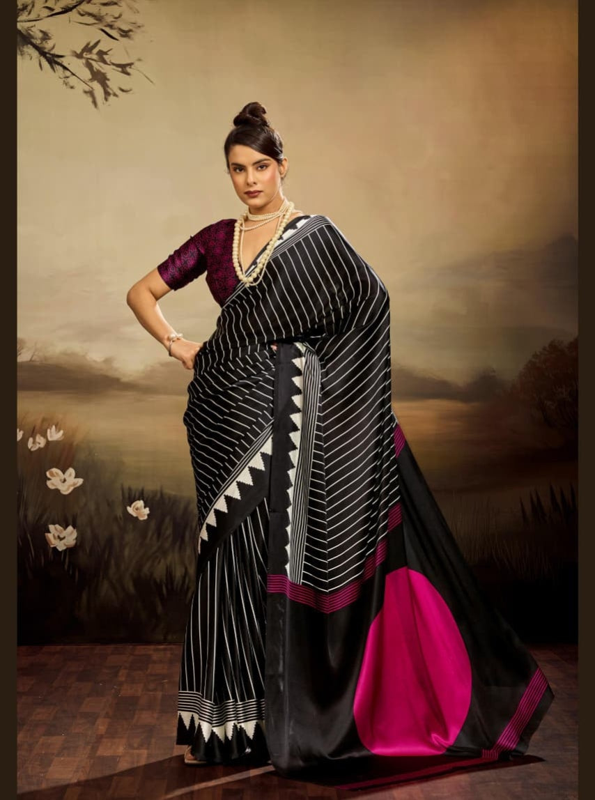 Black Pure Modal Satin Ajrakh Print Satin Saree