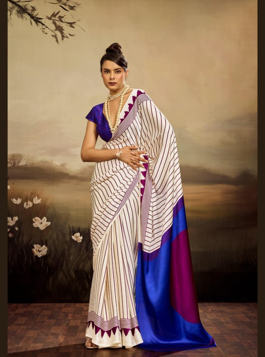 White Pure Modal Satin Ajrakh Print Satin Saree