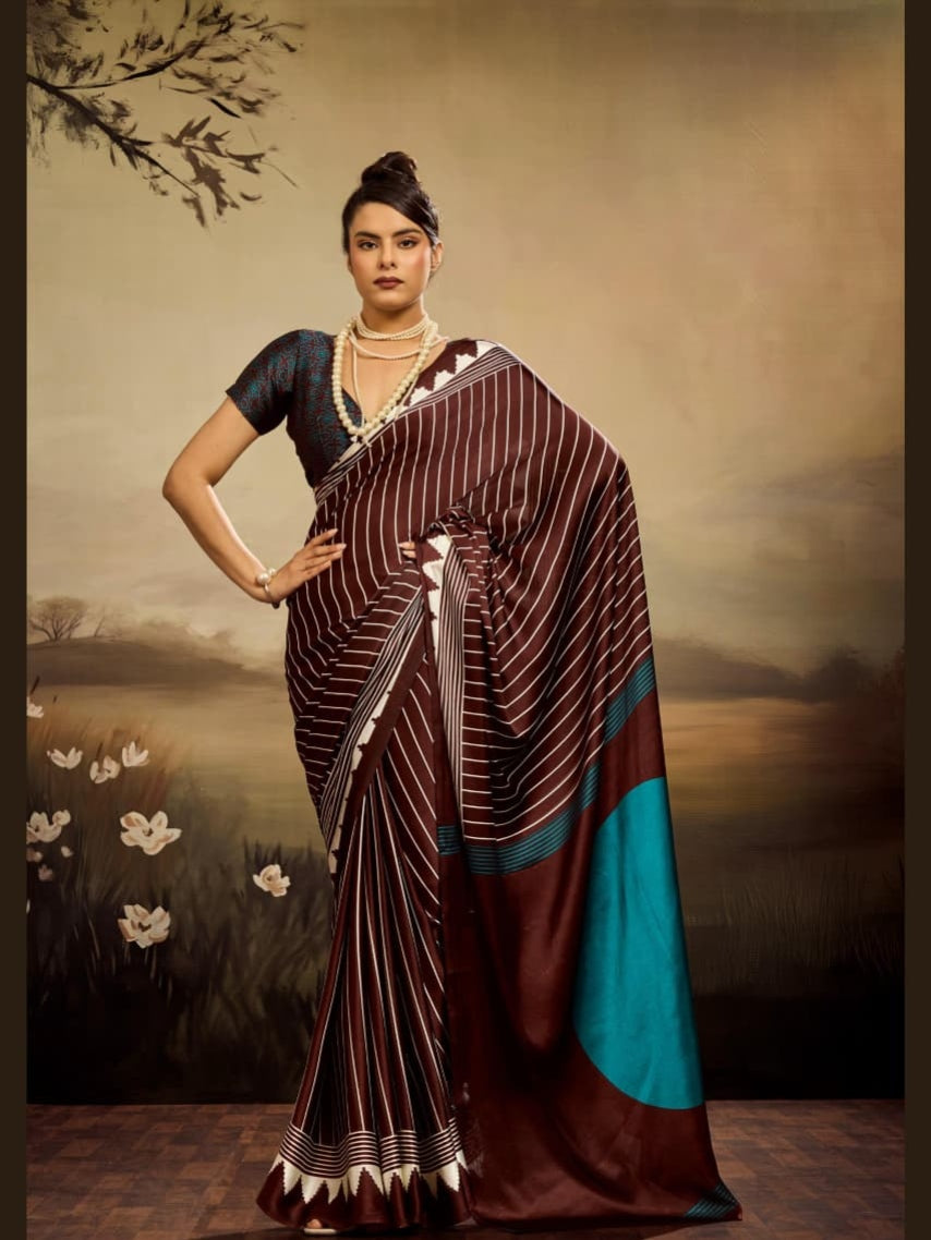 Brown Pure Modal Satin Ajrakh Print Satin Saree