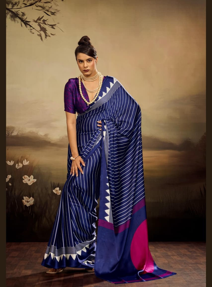 Blue Pure Modal Satin Ajrakh Print Satin Saree