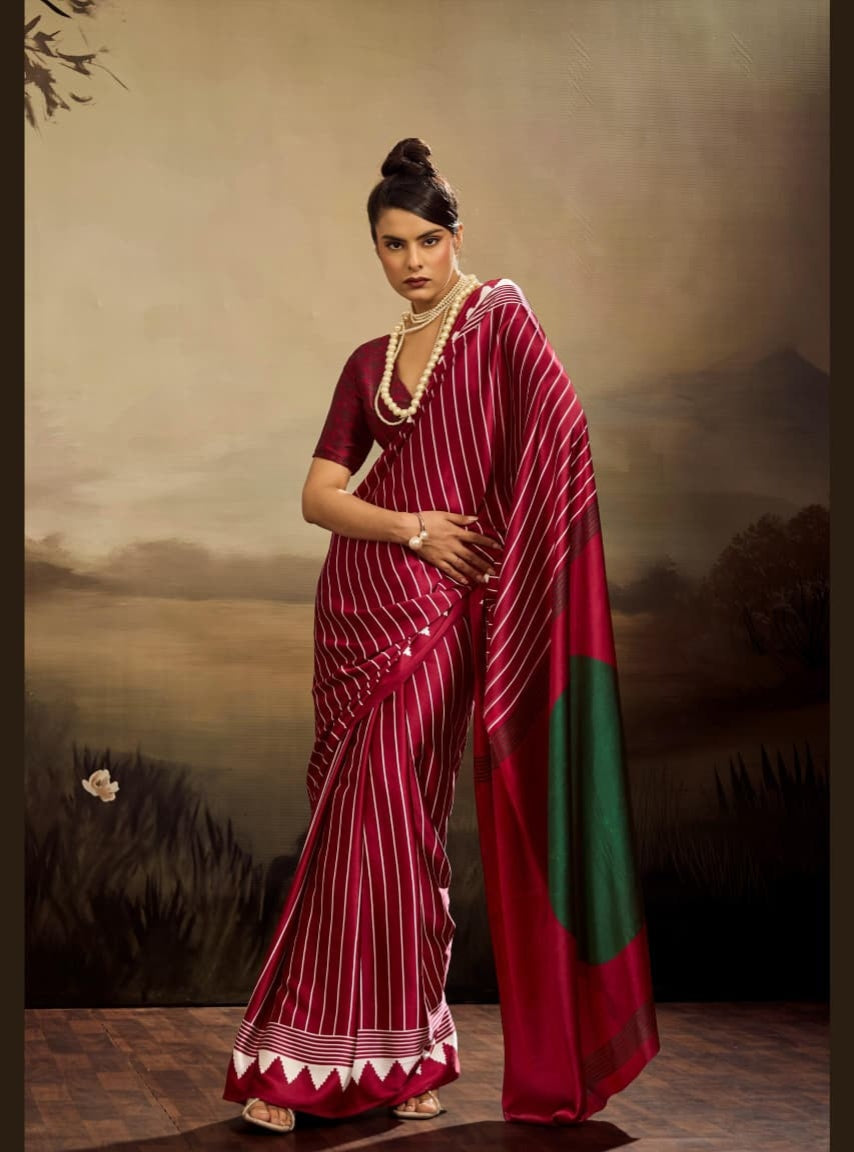 Red Pure Modal Satin Ajrakh Print Satin Saree