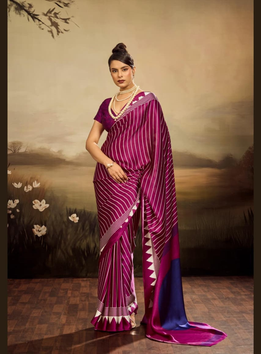Rani Pure Modal Satin Ajrakh Print Satin Saree
