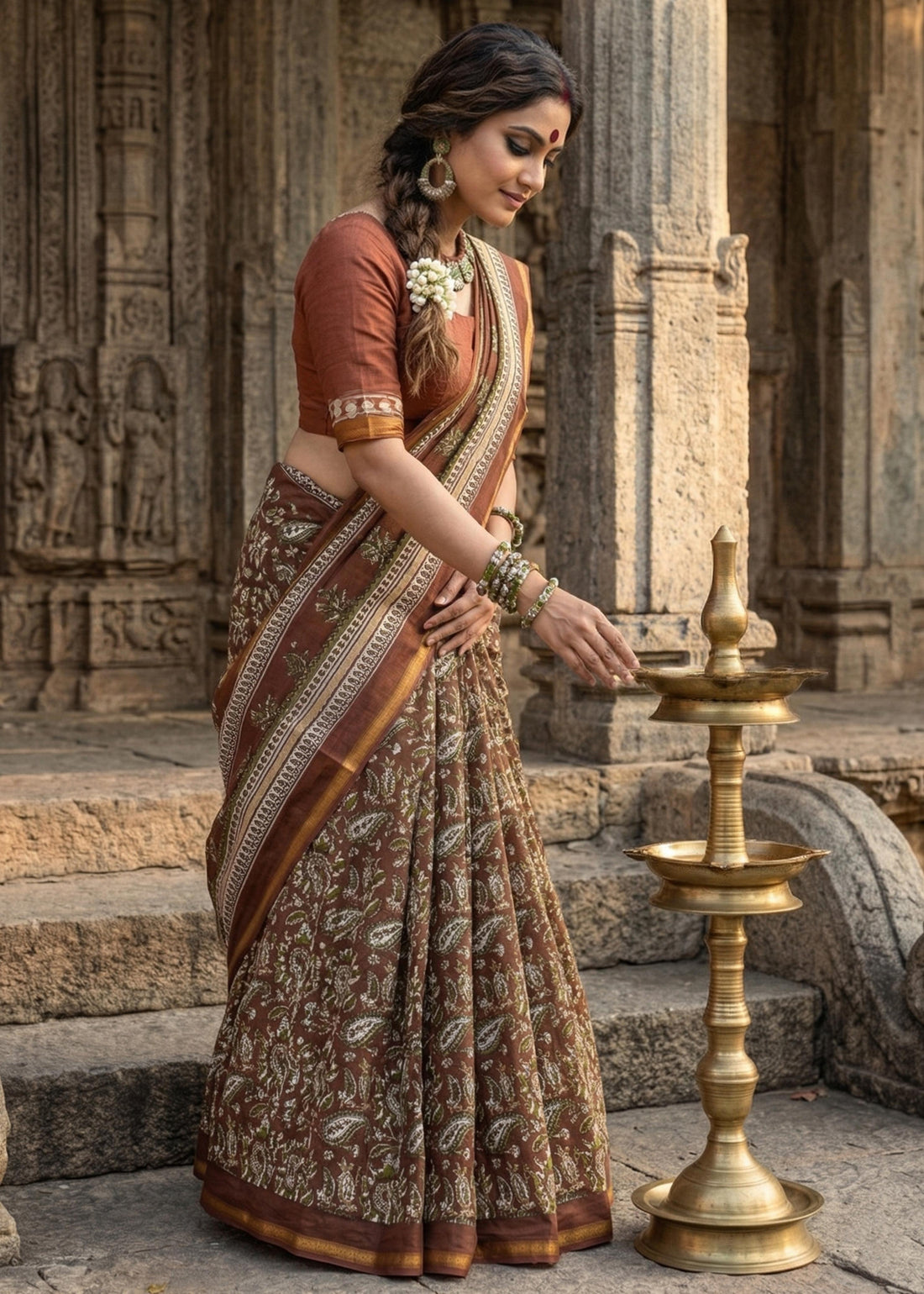 Brown Pure Muslin Cotton Bagru Block Print Cotton Saree 