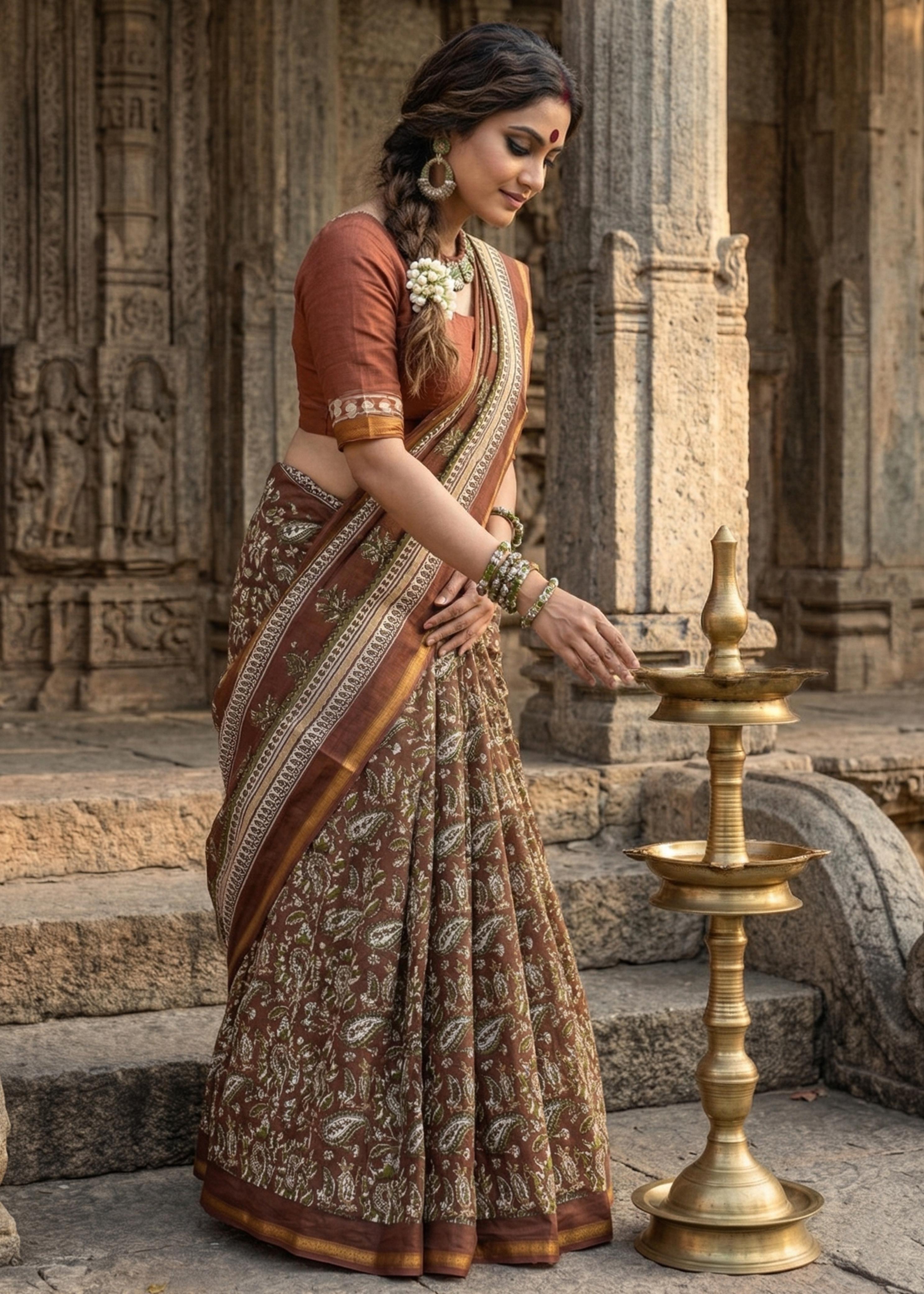 Brown Pure Muslin Cotton Bagru Block Print Cotton Saree 
