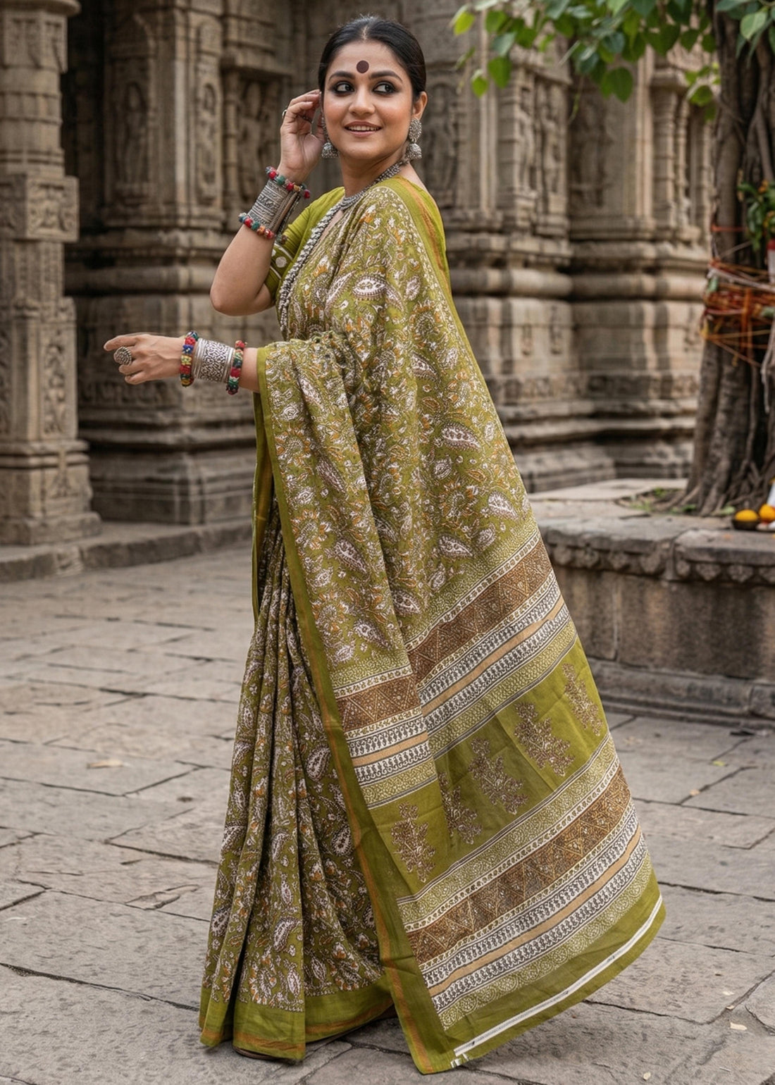 Green Pure Muslin Cotton Bagru Block Print Cotton Saree 