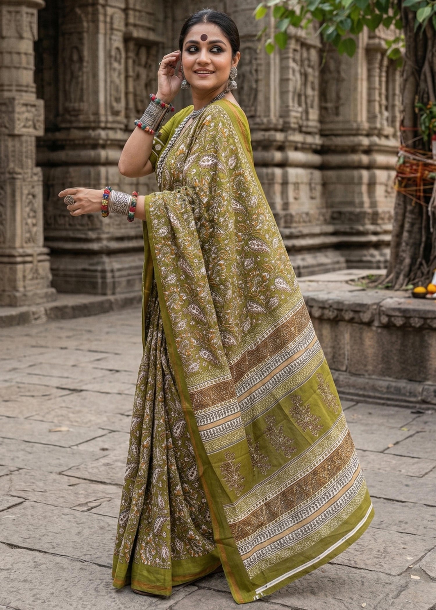 Green Pure Muslin Cotton Bagru Block Print Cotton Saree 