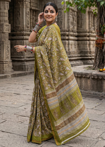 Green Pure Muslin Cotton Bagru Block Print Cotton Saree 
