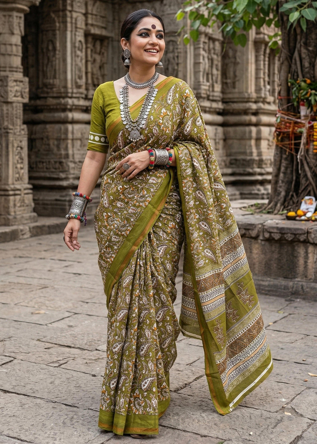 Green Pure Muslin Cotton Bagru Block Print Cotton Saree 