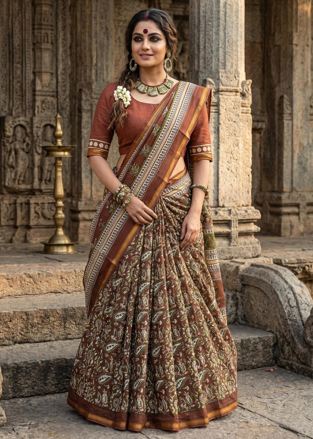 Brown Pure Muslin Cotton Bagru Block Print Cotton Saree 