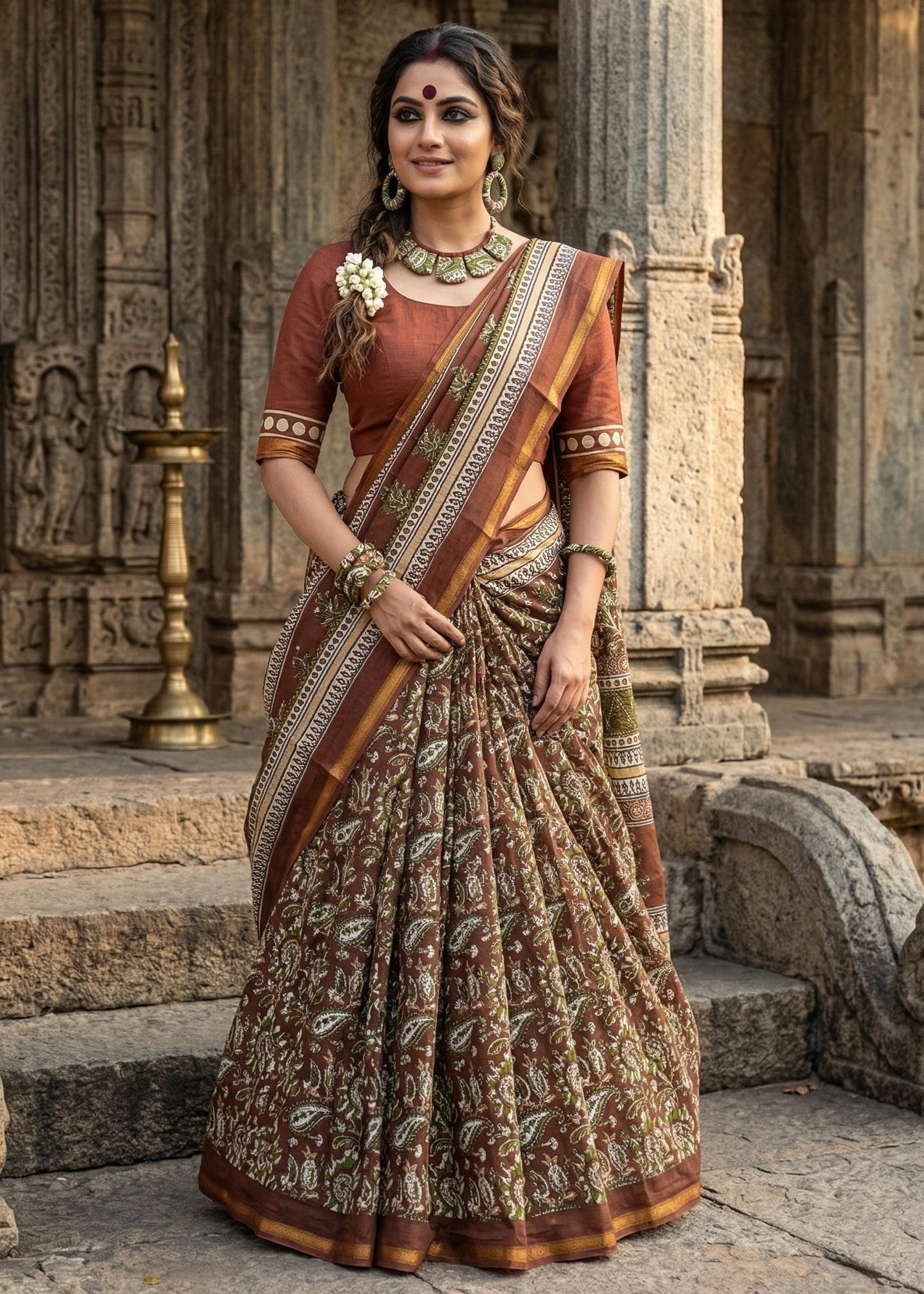 Brown Pure Muslin Cotton Bagru Block Print Cotton Saree 