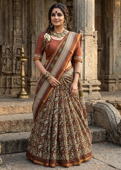 Brown Pure Muslin Cotton Bagru Block Print Cotton Saree 