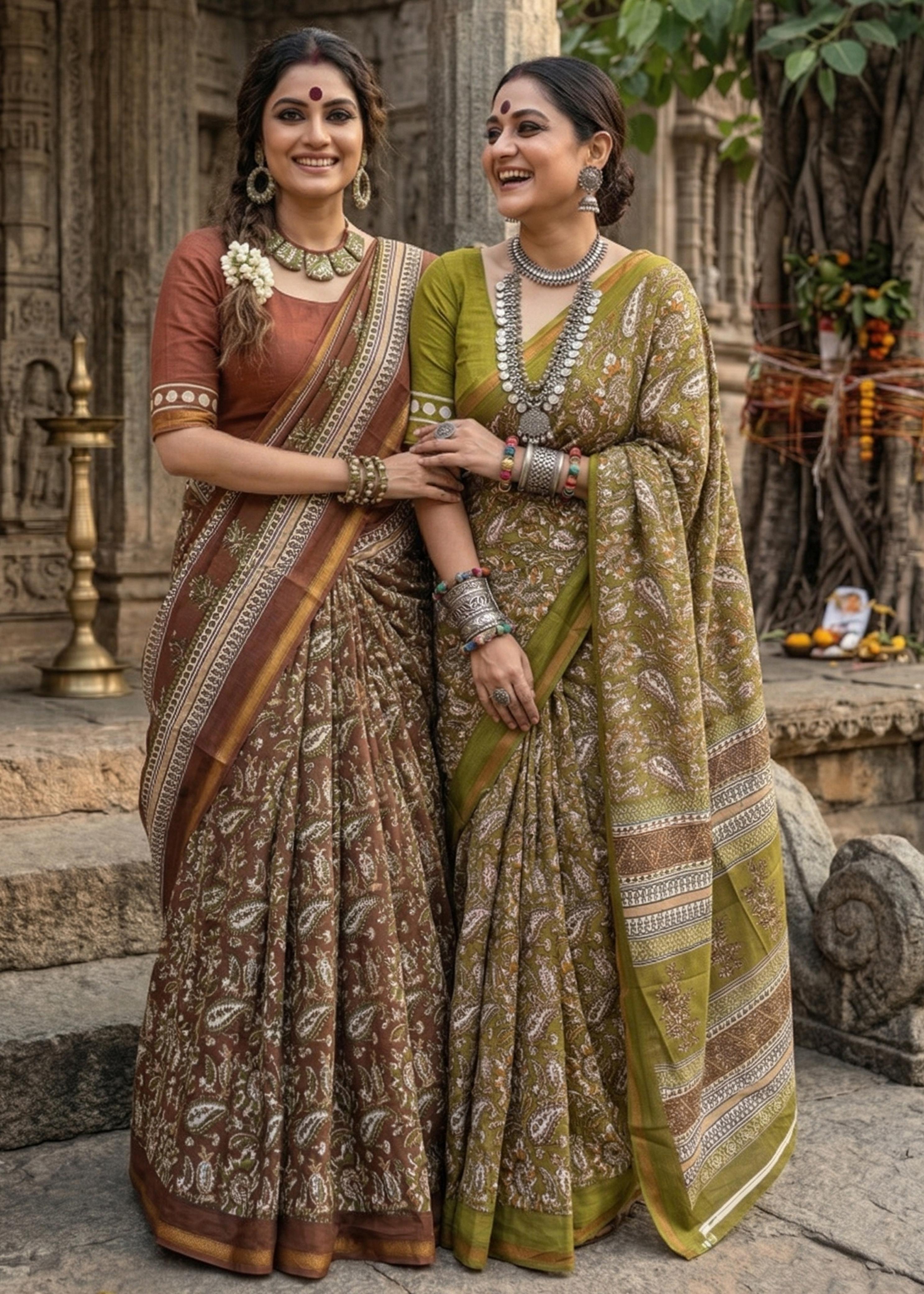 Brown Pure Muslin Cotton Bagru Block Print Cotton Saree 