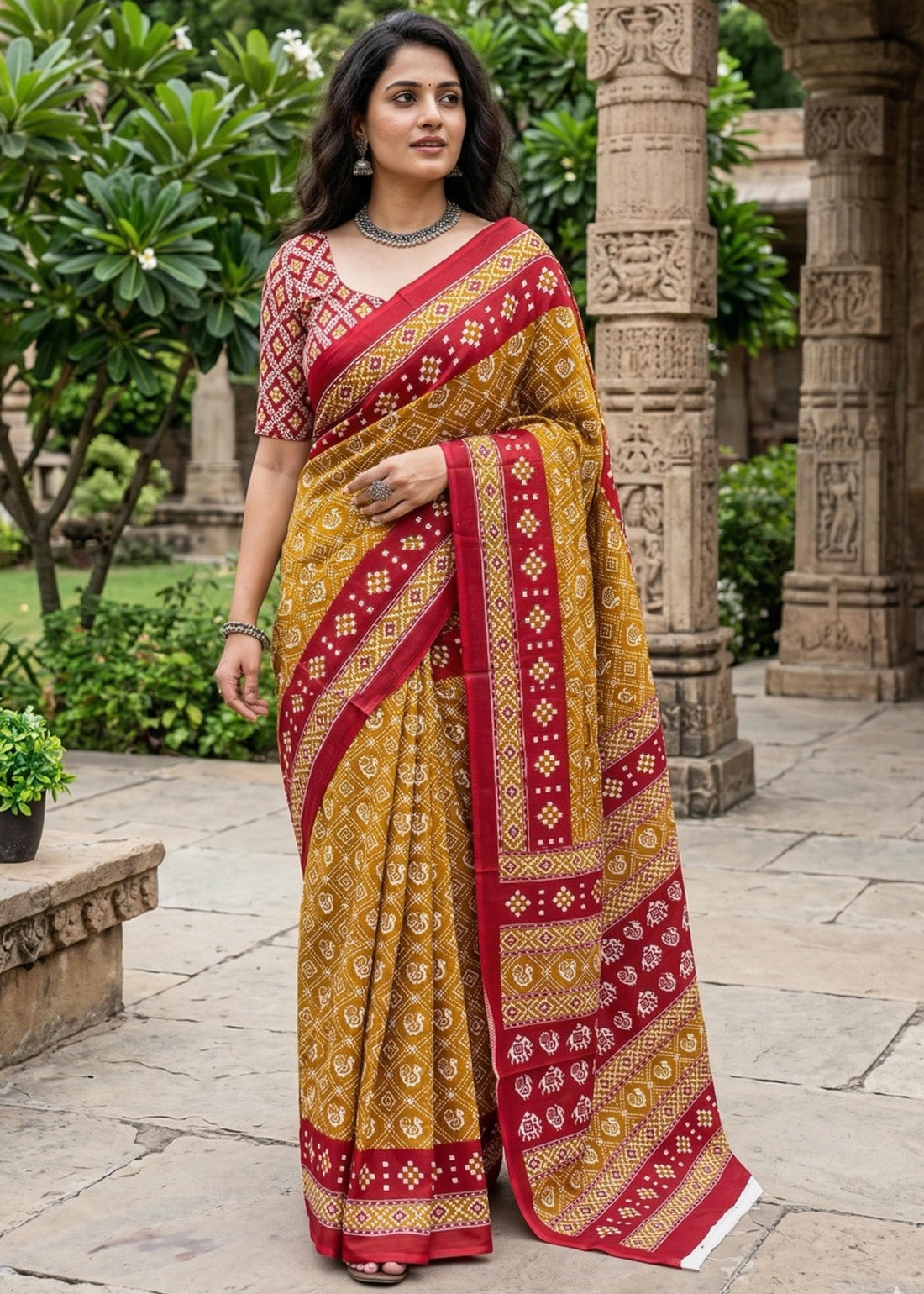 Mustard Pure Cotton Patola Hand Block Print Cotton Saree 