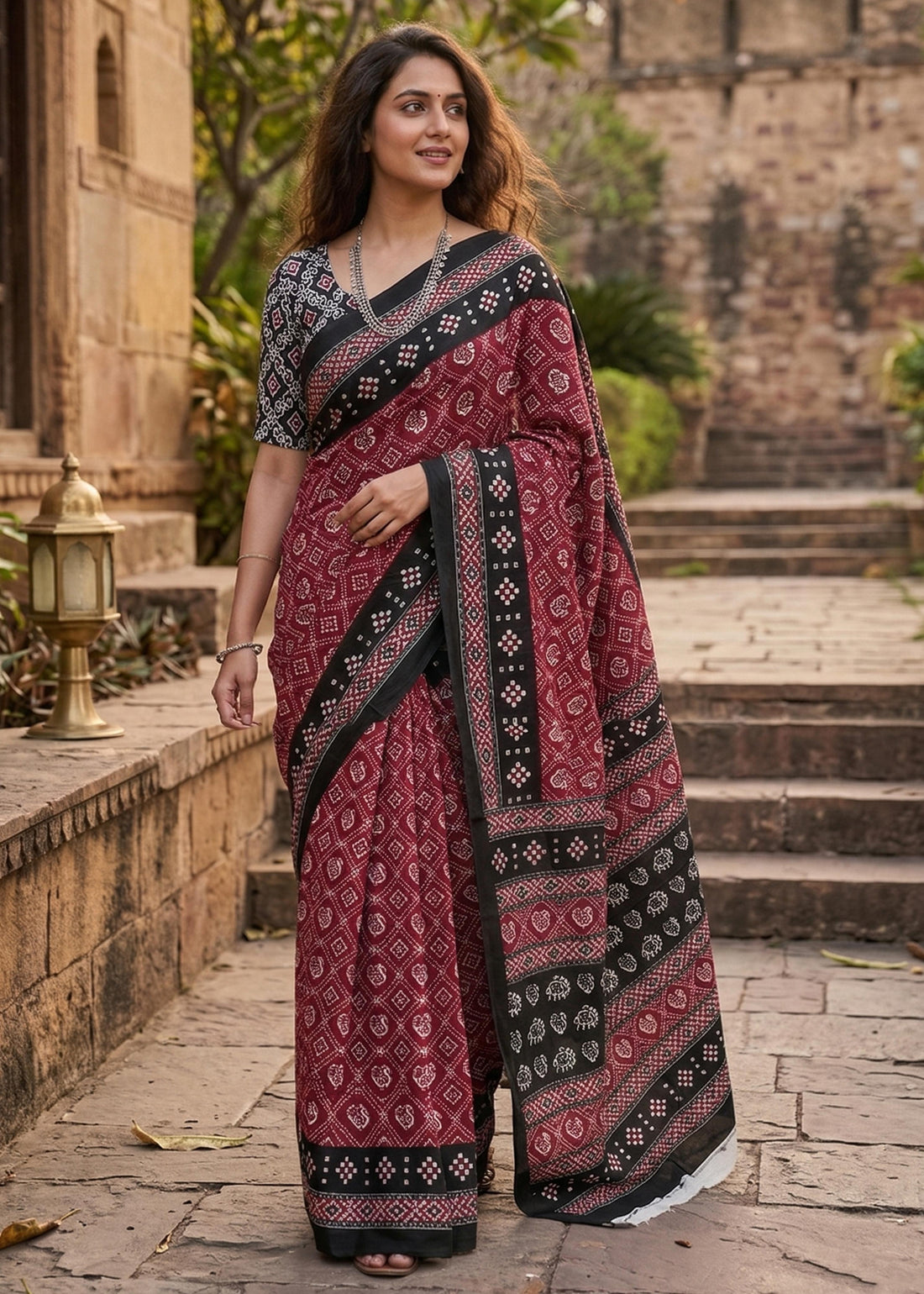 Maroon Pure Cotton Patola Hand Block Print Cotton Saree 
