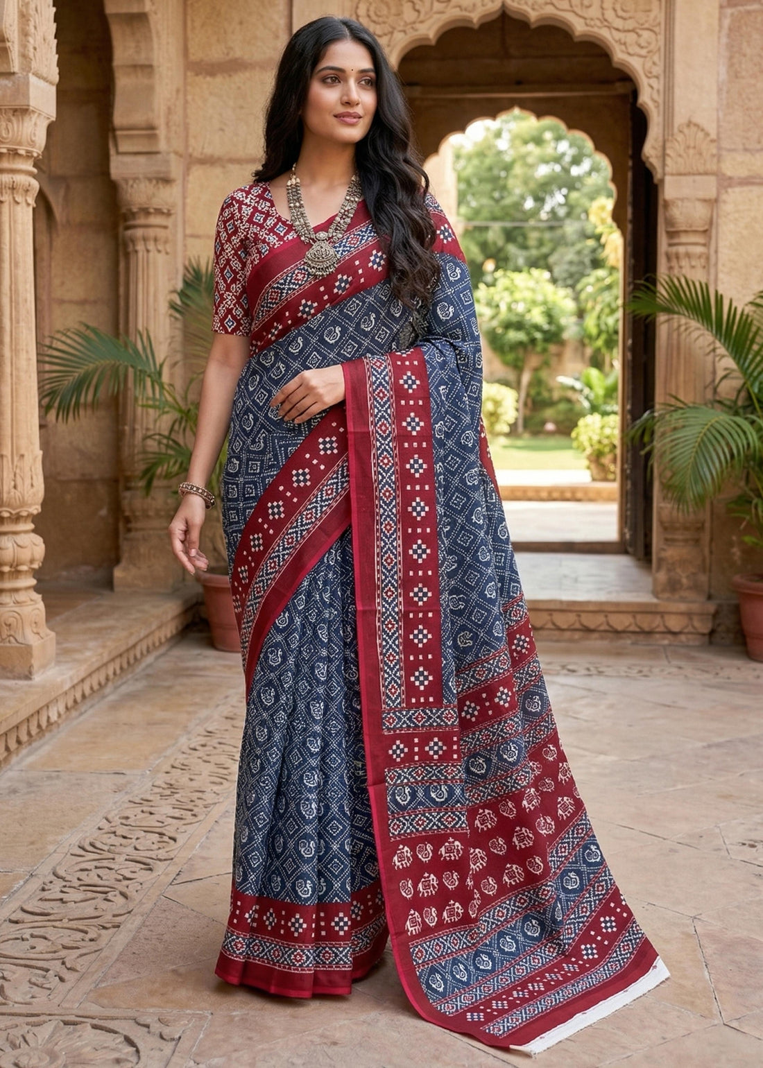 Blue Pure Cotton Patola Hand Block Print Cotton Saree 