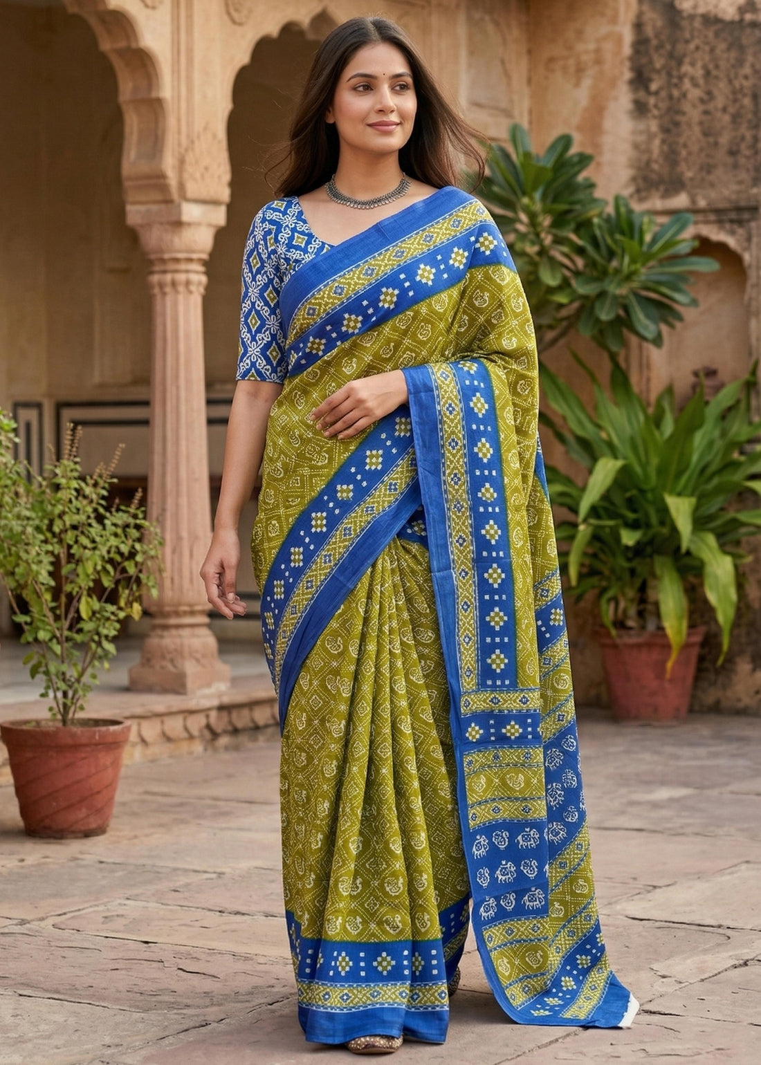 Green Pure Cotton Patola Hand Block Print Cotton Saree 
