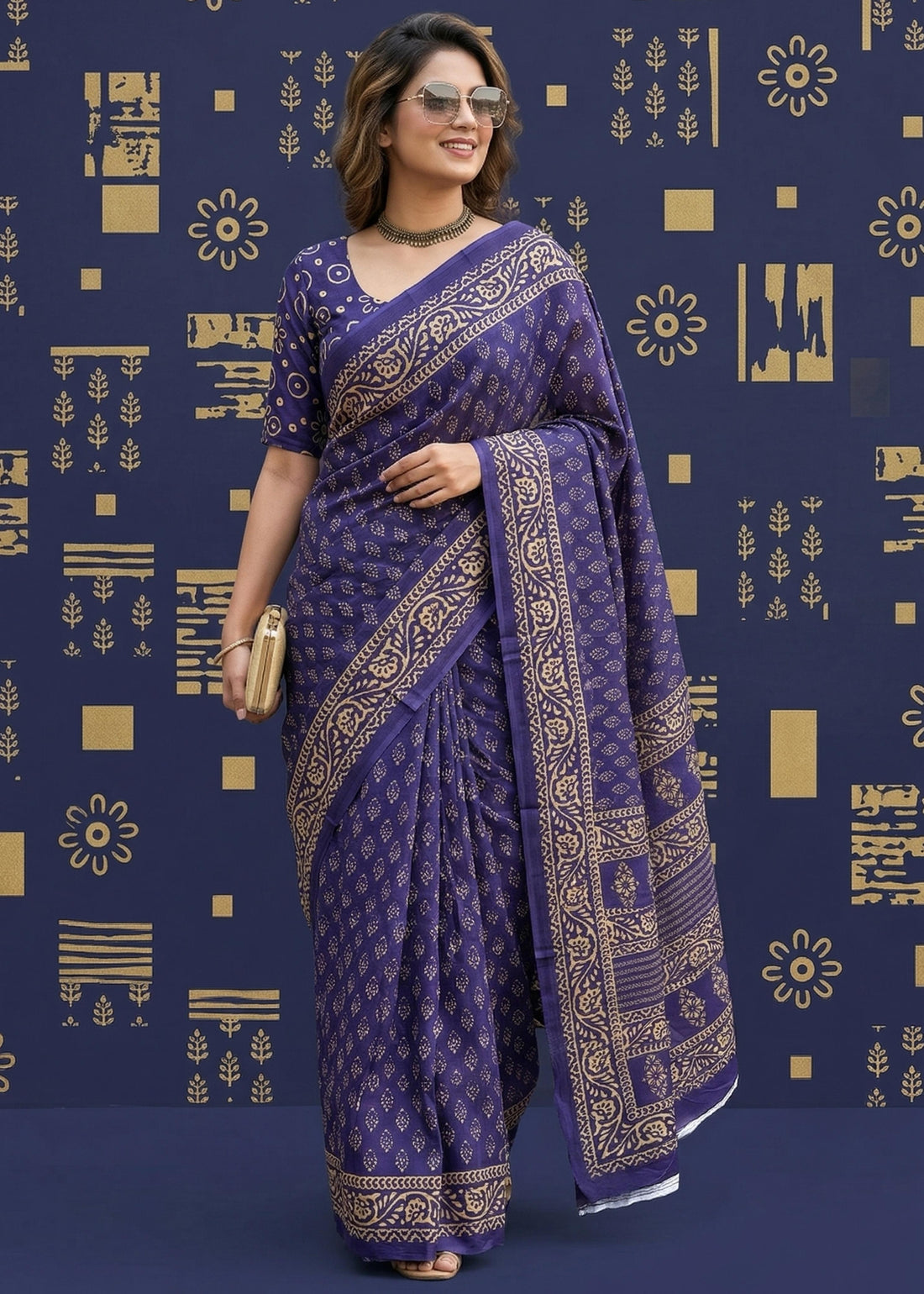 Blue Pure MulMul Cotton Bagru Print Cotton Saree 