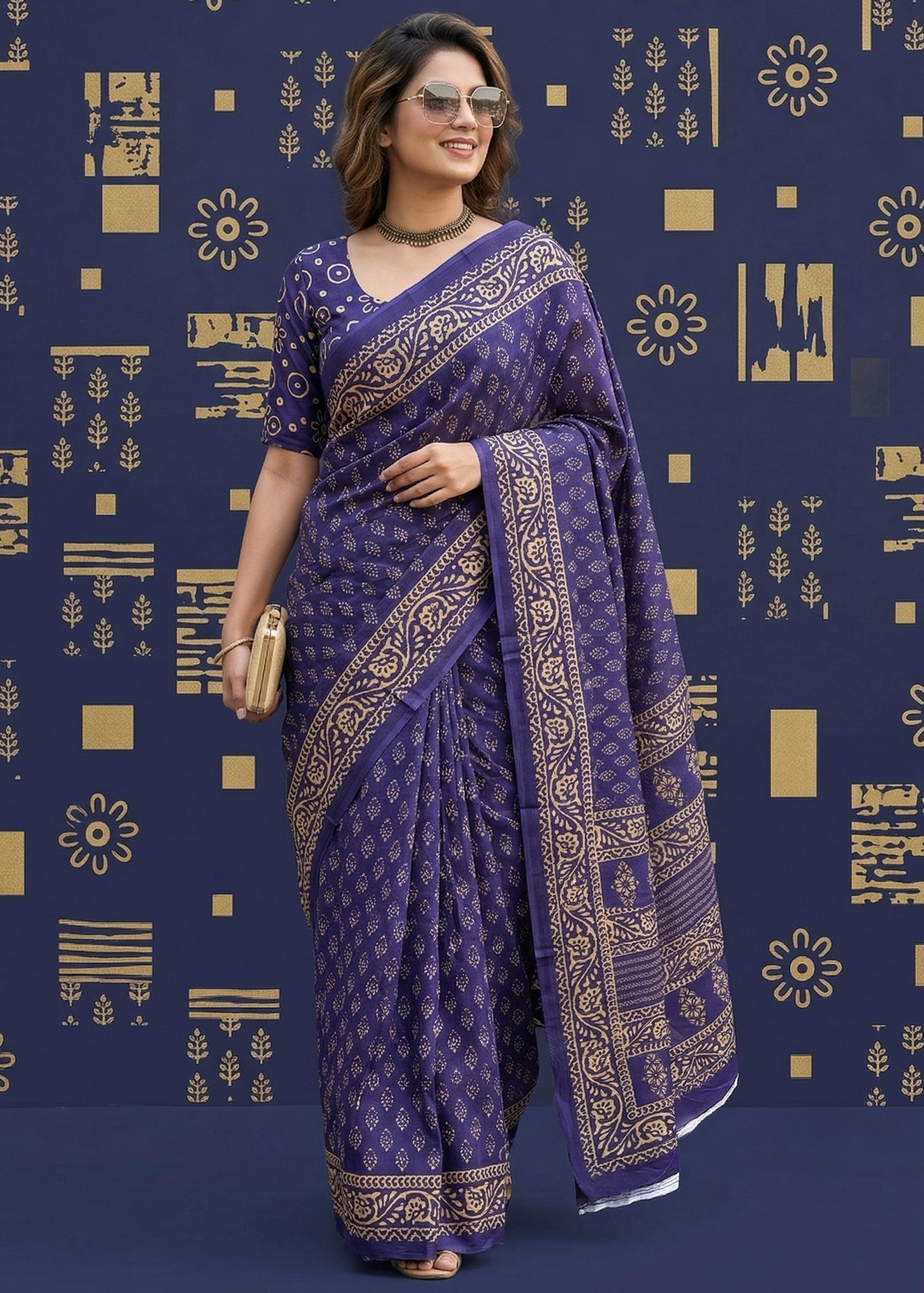 Blue Pure MulMul Cotton Bagru Print Cotton Saree 