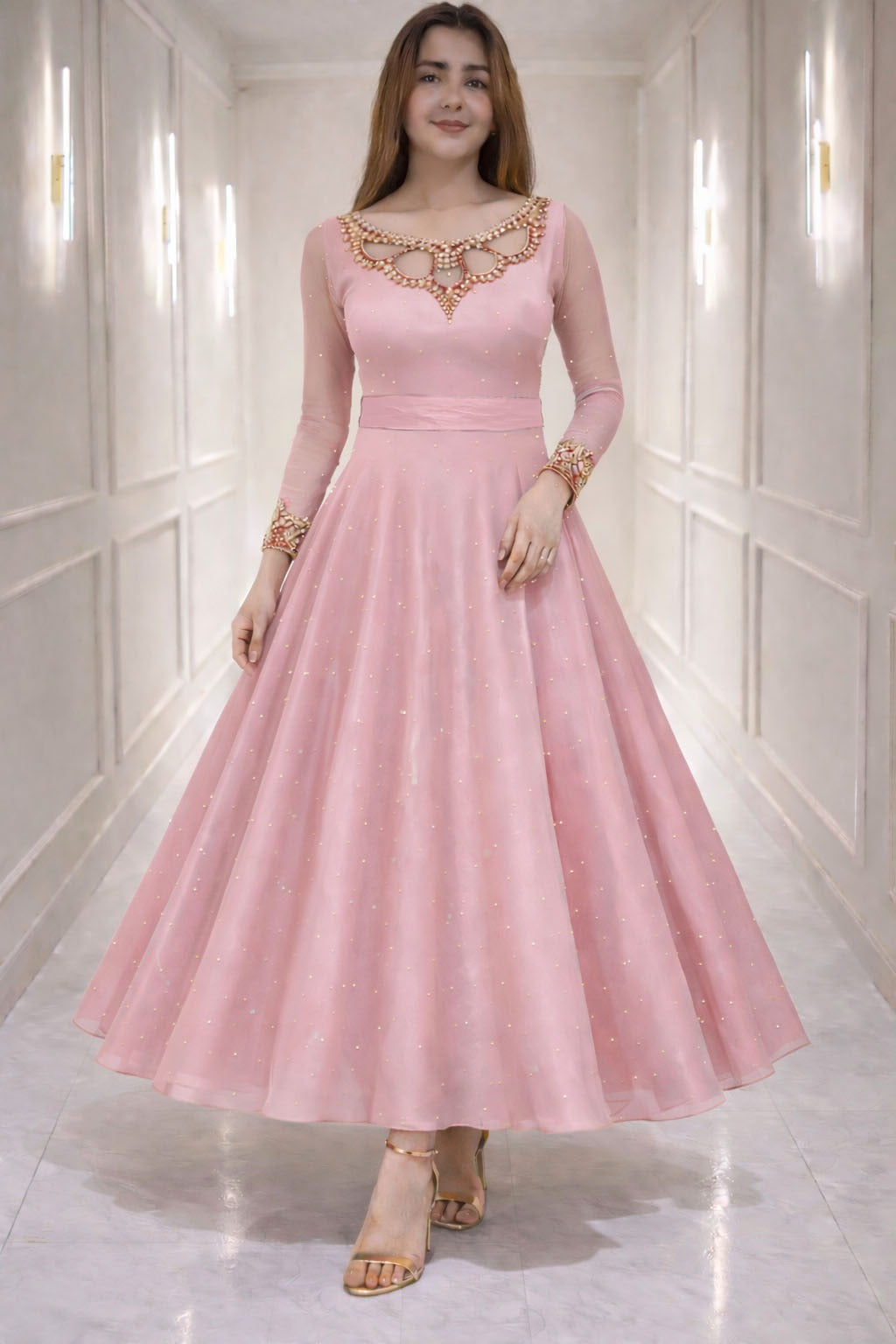 Pink Pure Star Georgette Heavy Fancy Anarkali Gown 