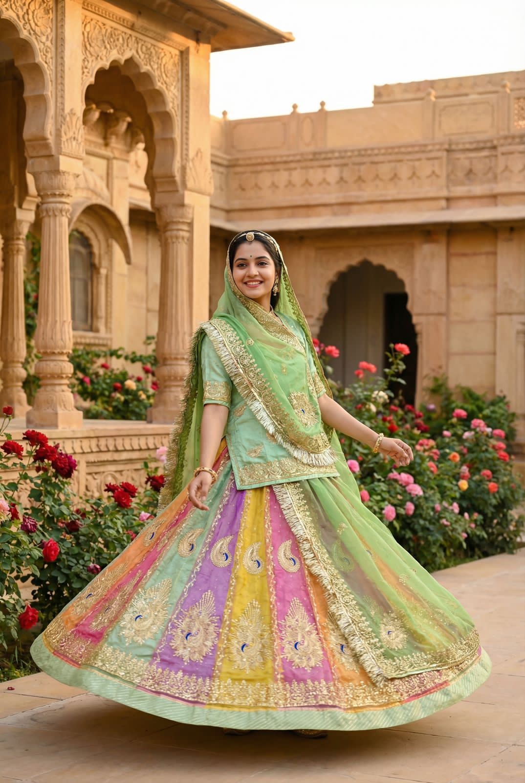 Green Pure Soft Tissue Silk Rajsthani Lehenga Choli 