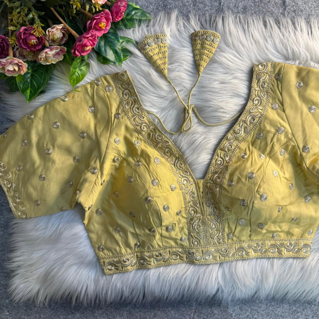 Gold Pure Soft Roman Silk Heavy Jari Thred Work Blouse 