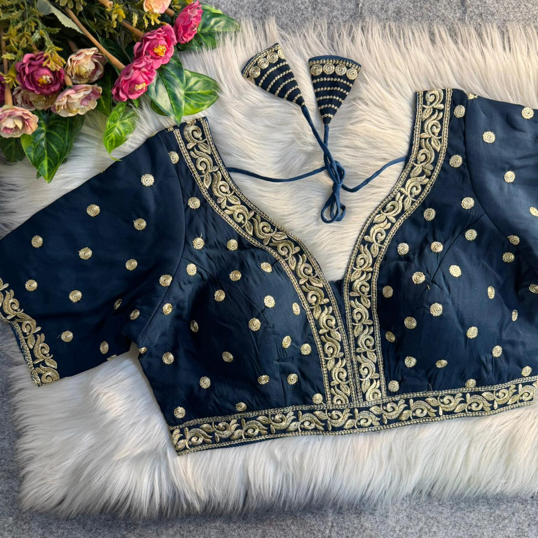 Blue Pure Soft Roman Silk Heavy Jari Thred Work Blouse 
