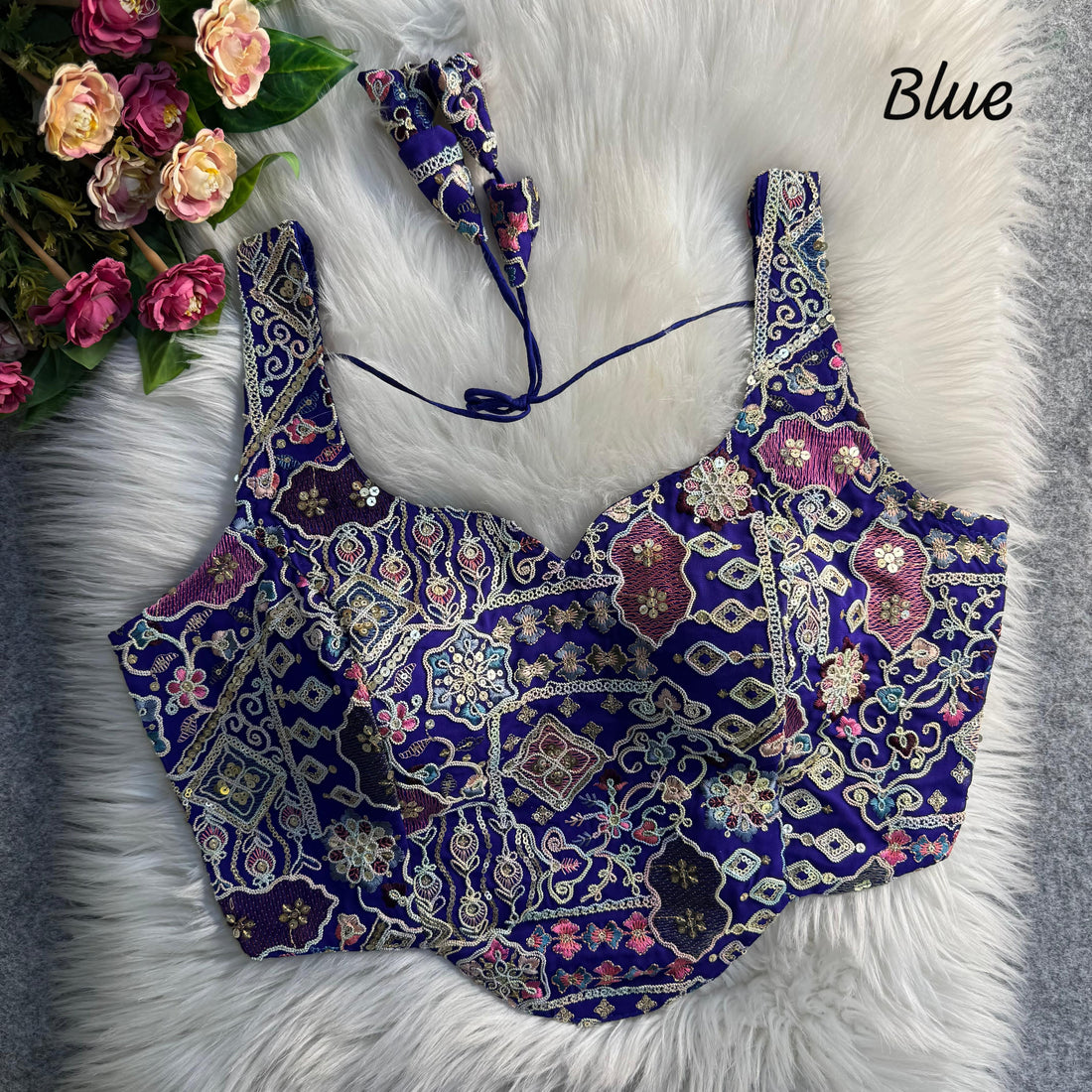 Blue Pure Soft Italian Silk Fox Heavy Sequins Thred Work Blouse