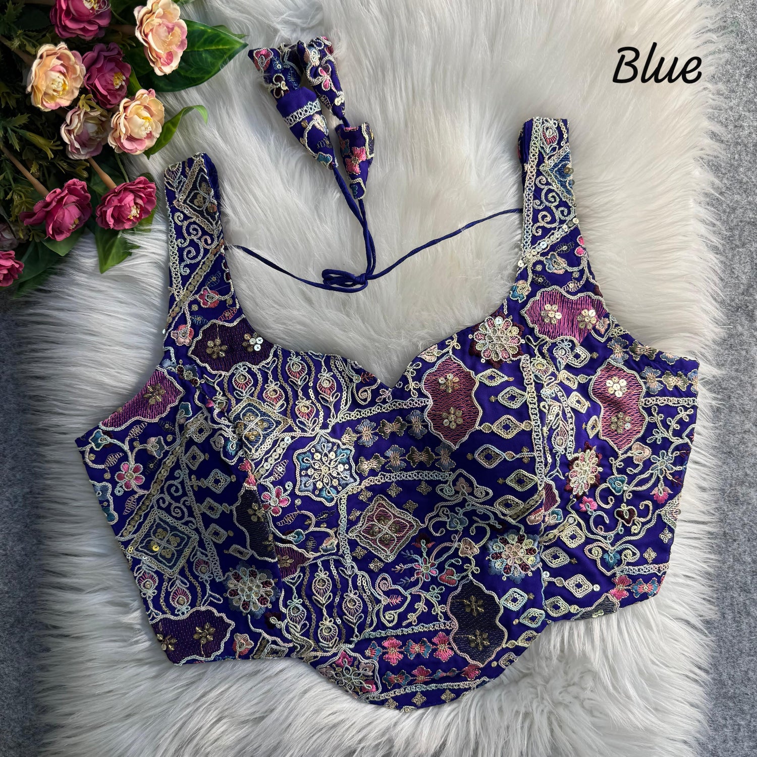 Blue Pure Soft Italian Silk Fox Heavy Sequins Thred Work Blouse